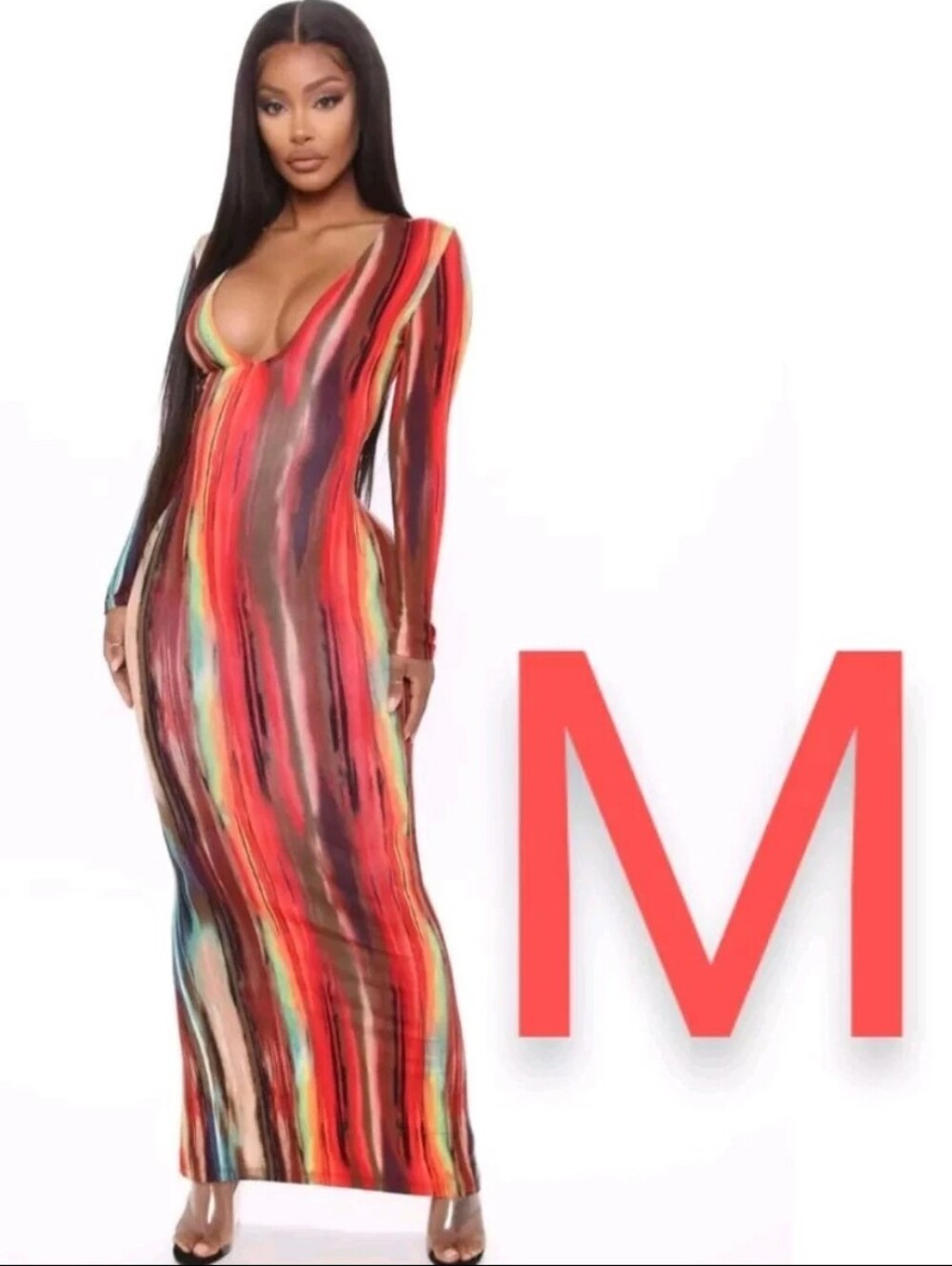 🆕Unique Multi Water Color Print Long Sleeve Deep V Neck Maxi Dress~ Size M